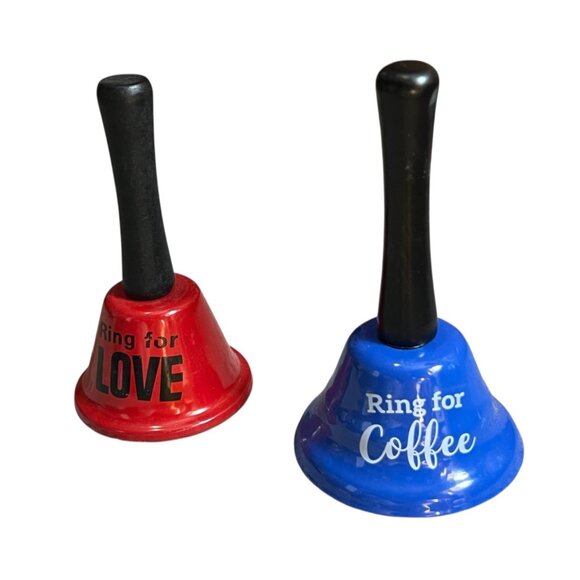 Set Of 2 Handheld Bells "Ring For Love" & "Ring For Coffee" Red & Blue Metal Wit - Picture 2 of 6